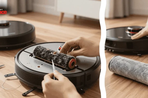 A beautifully staged industrial loft with gleaming concrete floors sits in the background while a close up displays a stainless steel detailing hook performing robot vacuum brush roll maintenance in the foreground.