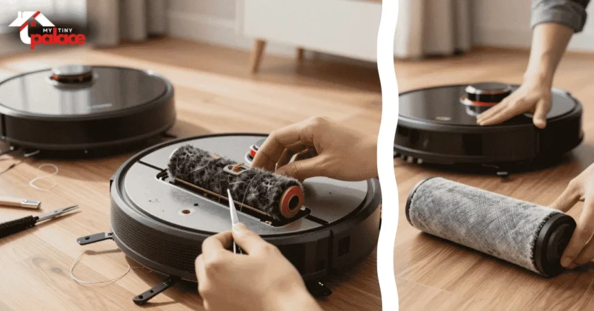 A beautifully staged industrial loft with gleaming concrete floors sits in the background while a close up displays a stainless steel detailing hook performing robot vacuum brush roll maintenance in the foreground.