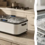 An ultrasonic cleaner for cabinet hardware sits on a countertop next to a close-up of a polished unlacquered brass handle in the foreground with a newly renovated open-concept kitchen in the background.