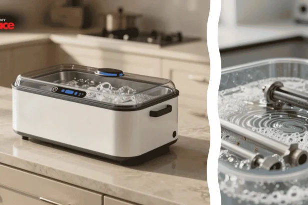 An ultrasonic cleaner for cabinet hardware sits on a countertop next to a close-up of a polished unlacquered brass handle in the foreground with a newly renovated open-concept kitchen in the background.