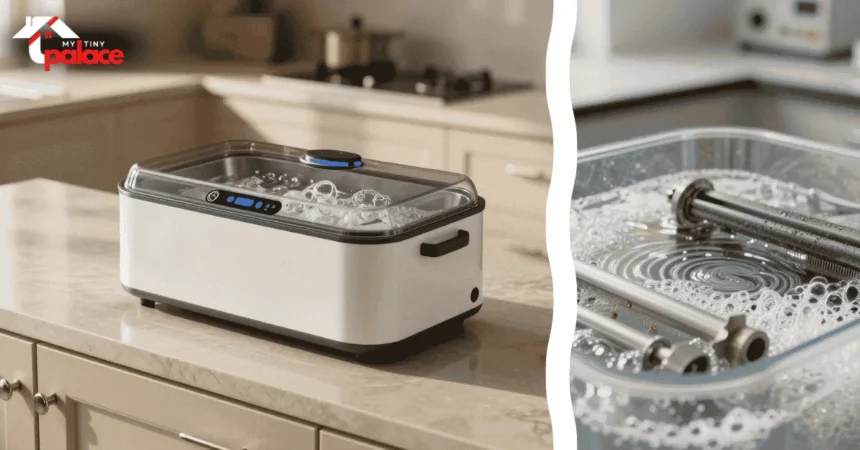 An ultrasonic cleaner for cabinet hardware sits on a countertop next to a close-up of a polished unlacquered brass handle in the foreground with a newly renovated open-concept kitchen in the background.