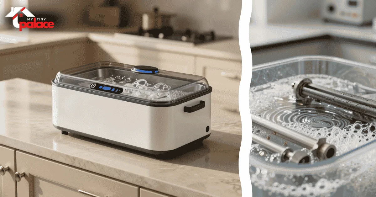 An ultrasonic cleaner for cabinet hardware sits on a countertop next to a close-up of a polished unlacquered brass handle in the foreground with a newly renovated open-concept kitchen in the background.