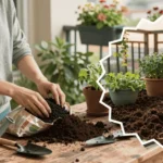 Close up of biochar enriched potting mix in a ceramic planter with a finished apartment balcony garden in the background featuring raised herb boxes, compact seating, and layered green plants.
