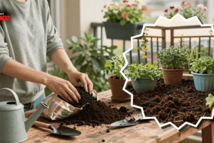 Close up of biochar enriched potting mix in a ceramic planter with a finished apartment balcony garden in the background featuring raised herb boxes, compact seating, and layered green plants.