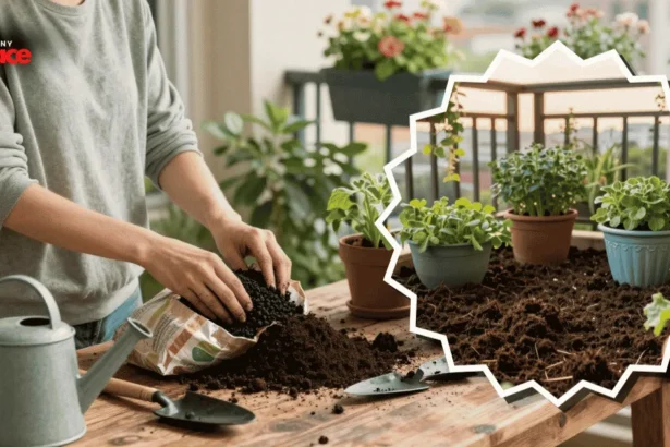 Close up of biochar enriched potting mix in a ceramic planter with a finished apartment balcony garden in the background featuring raised herb boxes, compact seating, and layered green plants.