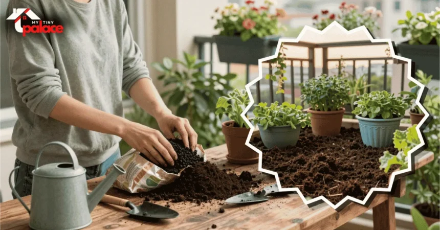 Close up of biochar enriched potting mix in a ceramic planter with a finished apartment balcony garden in the background featuring raised herb boxes, compact seating, and layered green plants.