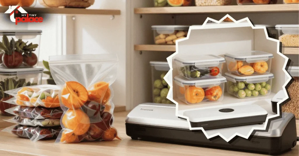 Close up of reusable vacuum sealed food bags on a kitchen counter with an organized pantry in the background featuring clear containers, labeled shelves, and compact storage bins.
