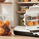 Close up of reusable vacuum sealed food bags on a kitchen counter with an organized pantry in the background featuring clear containers, labeled shelves, and compact storage bins.