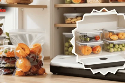 Close up of reusable vacuum sealed food bags on a kitchen counter with an organized pantry in the background featuring clear containers, labeled shelves, and compact storage bins.